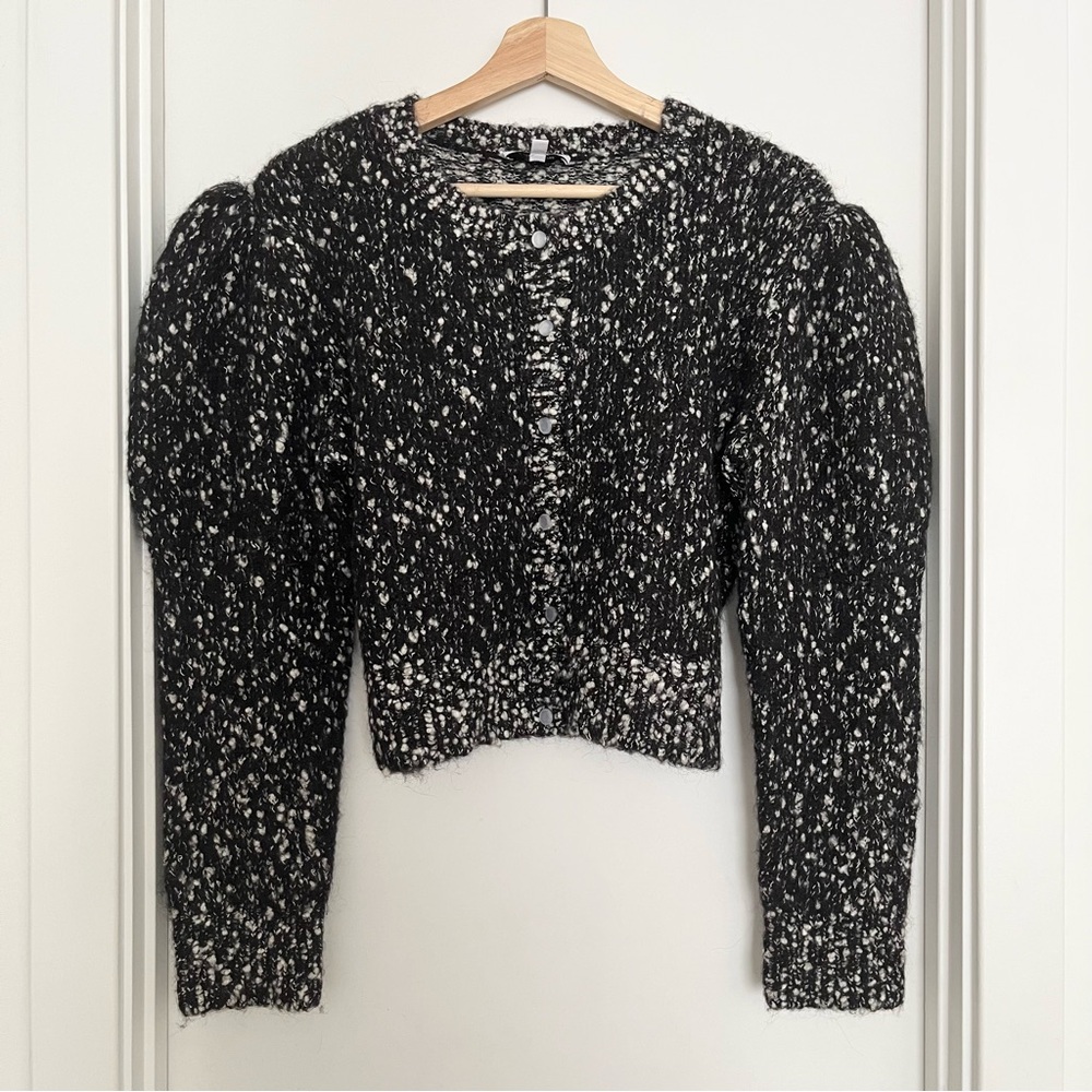 & Other Stories Women's Cropped Cardigan Sweater Size M Black Chunky Pouf Chic